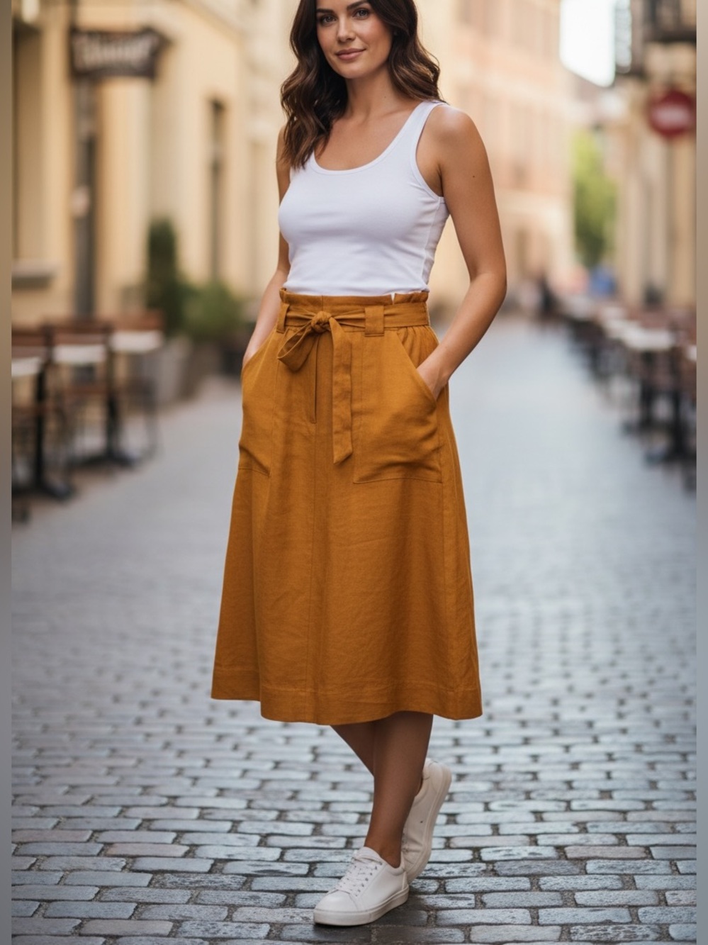 Tie-Waist A-Line Midi Skirt in Mustard